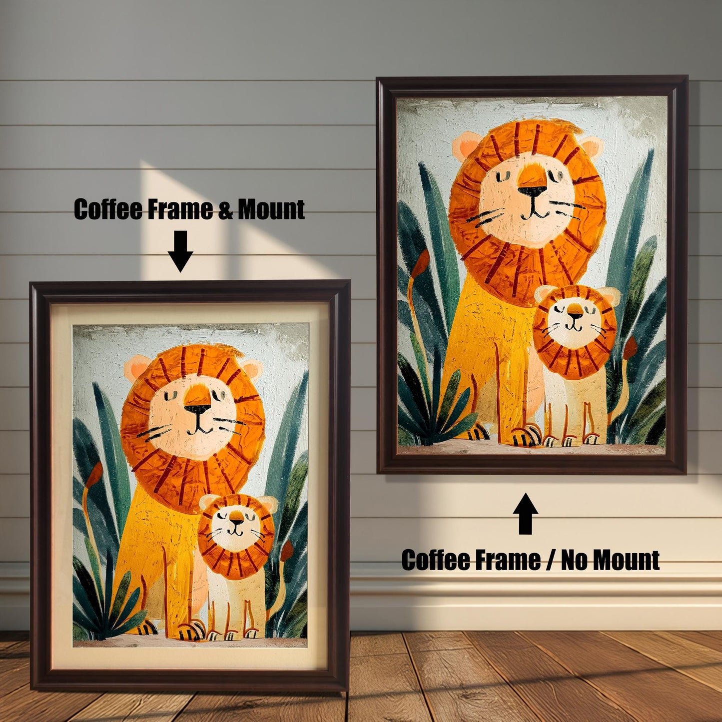Comparison image showing the lion and cub print in a Coffee Frame & Mount (left) and a Coffee Frame / No Mount (right) against a white shiplap wall.