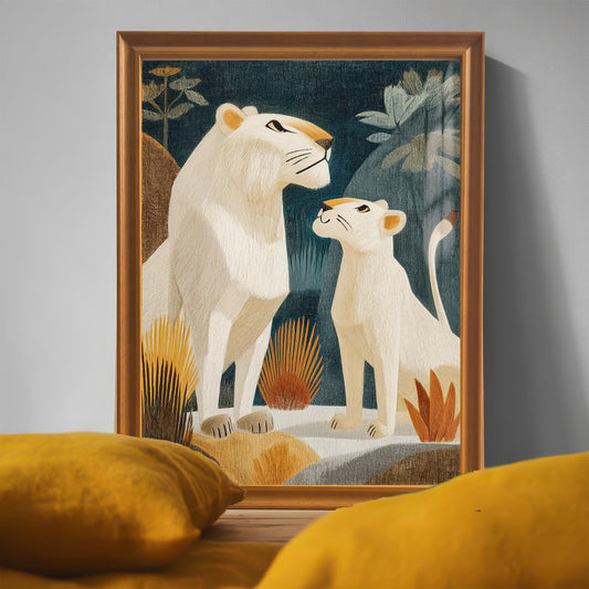 The framed lion print in an Orange/Gold-colored frame with a mount, leaning on a surface in front of a gray wall. The foreground is partially obscured by two large, soft yellow pillows.