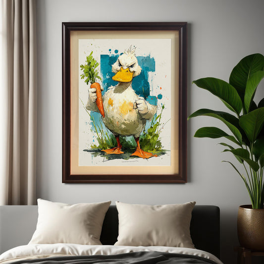 The framed art print of the angry duck with a carrot, in a dark brown frame with a mount, hanging above a bed with white pillows and a large green houseplant next to it.