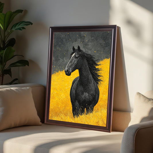 A coffee-framed painting of a black horse in a yellow field, leaning on a beige couch with pillows in a sunlit room. |