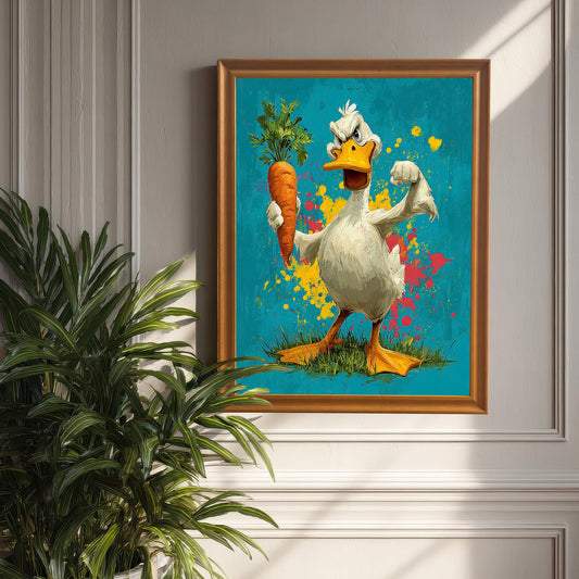 An orange-framed painting of a muscular duck holding a carrot, hanging on a white paneled wall next to a large potted plant.
