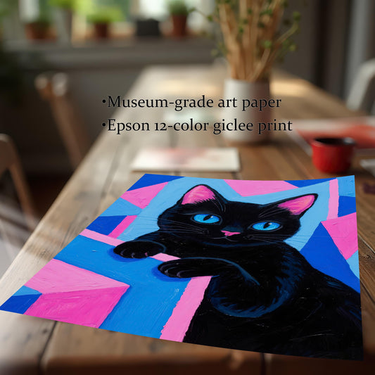 A close-up of the cat art print lying flat on a wooden table, showing the print quality details: "Museum-grade art paper" and "Epson 12-color giclee print."