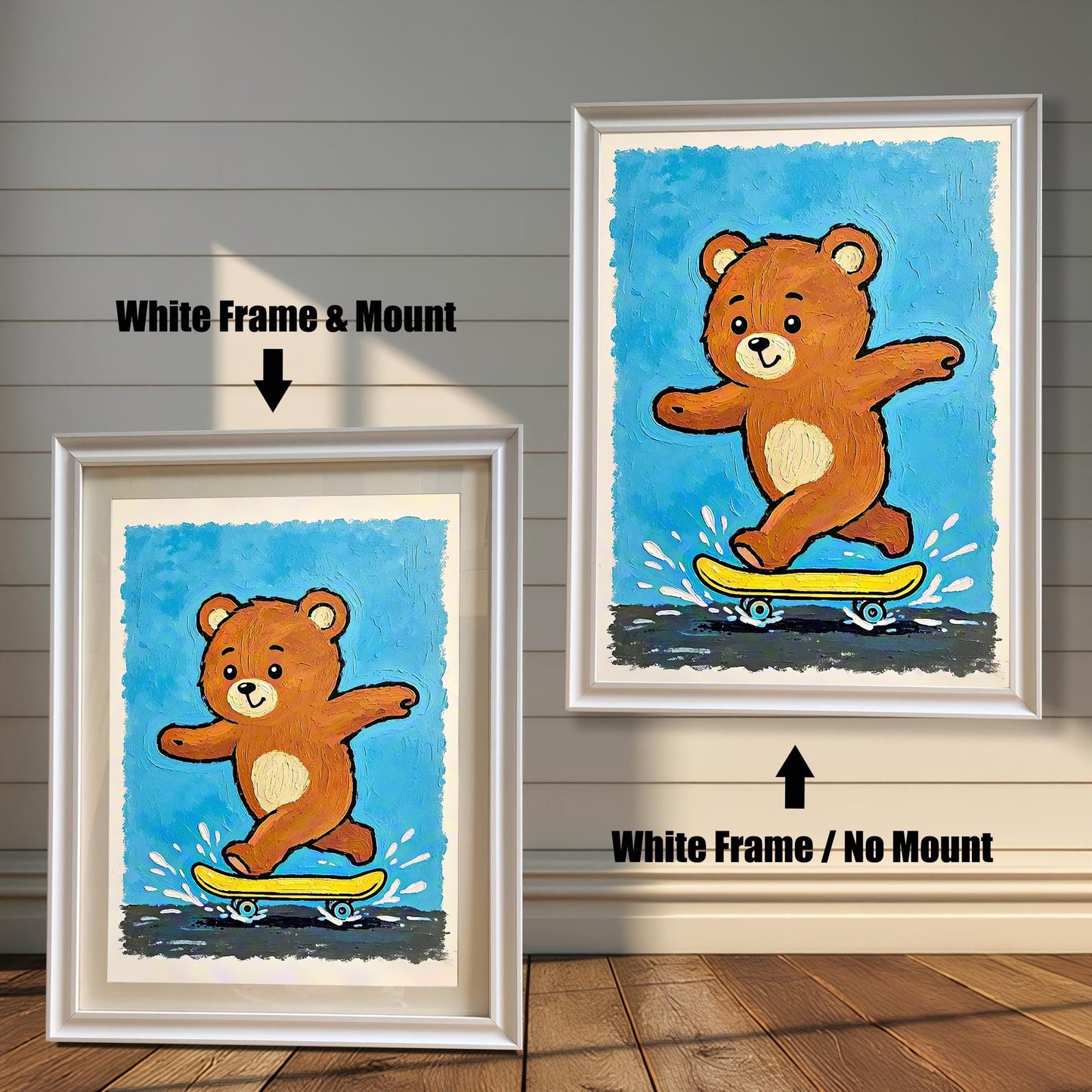 A side-by-side comparison of a framed skateboard-bear art print: one with a white frame and mount (mat), and one with a white frame and no mount.