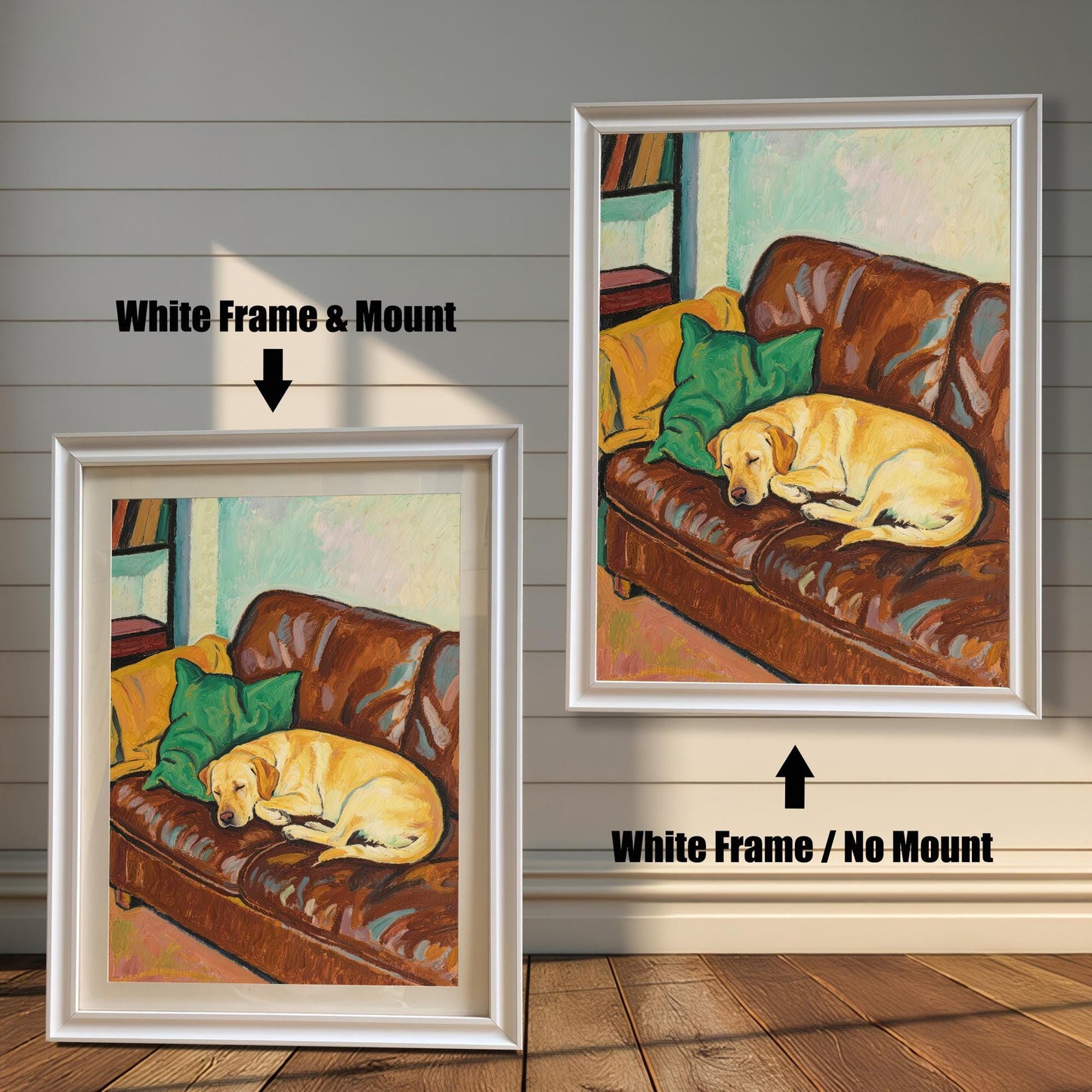 Comparison of two white-framed prints: one with a white mount (mat) and one without, both featuring the oil painting of the sleeping yellow Labrador.
