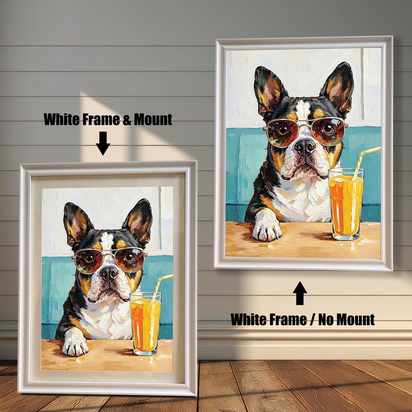 Comparison of two framed prints: a white frame with a white mount (mat) on the left, and a white frame with no mount on the right. Both show the dog painting.