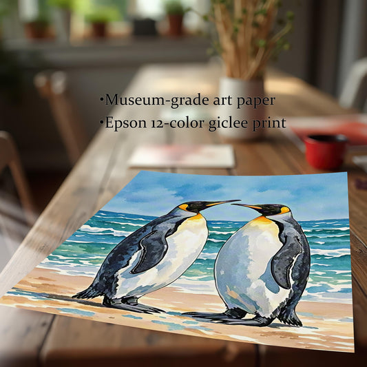 Close-up of a watercolor penguin art print on a wooden table, with text: "Museum-grade art paper" and "Epson 12-color giclee print."