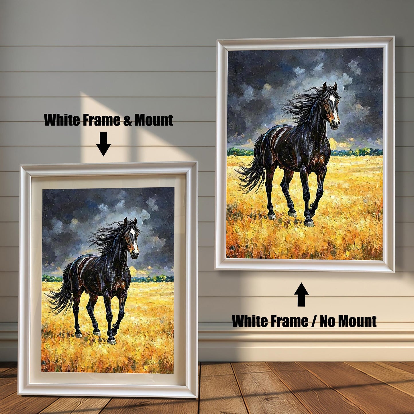 Oil painting of a black horse in a golden field, shown in two white frames: "White Frame & Mount" (with mat) and "White Frame / No Mount."