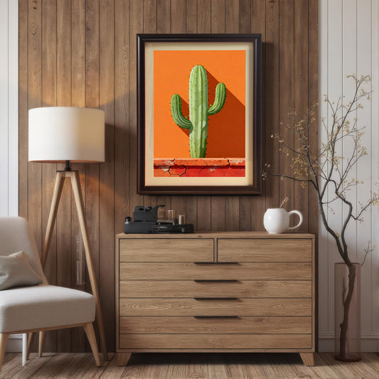 Framed cactus art in a Coffee wood frame hanging above a light wooden dresser, next to a tripod floor lamp, in a room with vertical wood paneling.