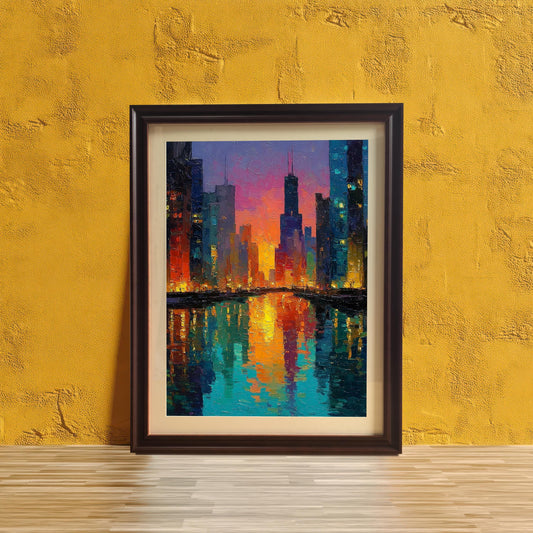 Brown wood-framed art print of a textured, colorful impressionist painting depicting a city skyline at sunset with bright orange, pink, and teal reflections in the water. The print is leaning on a light wood floor against a textured, bright yellow-gold wall.