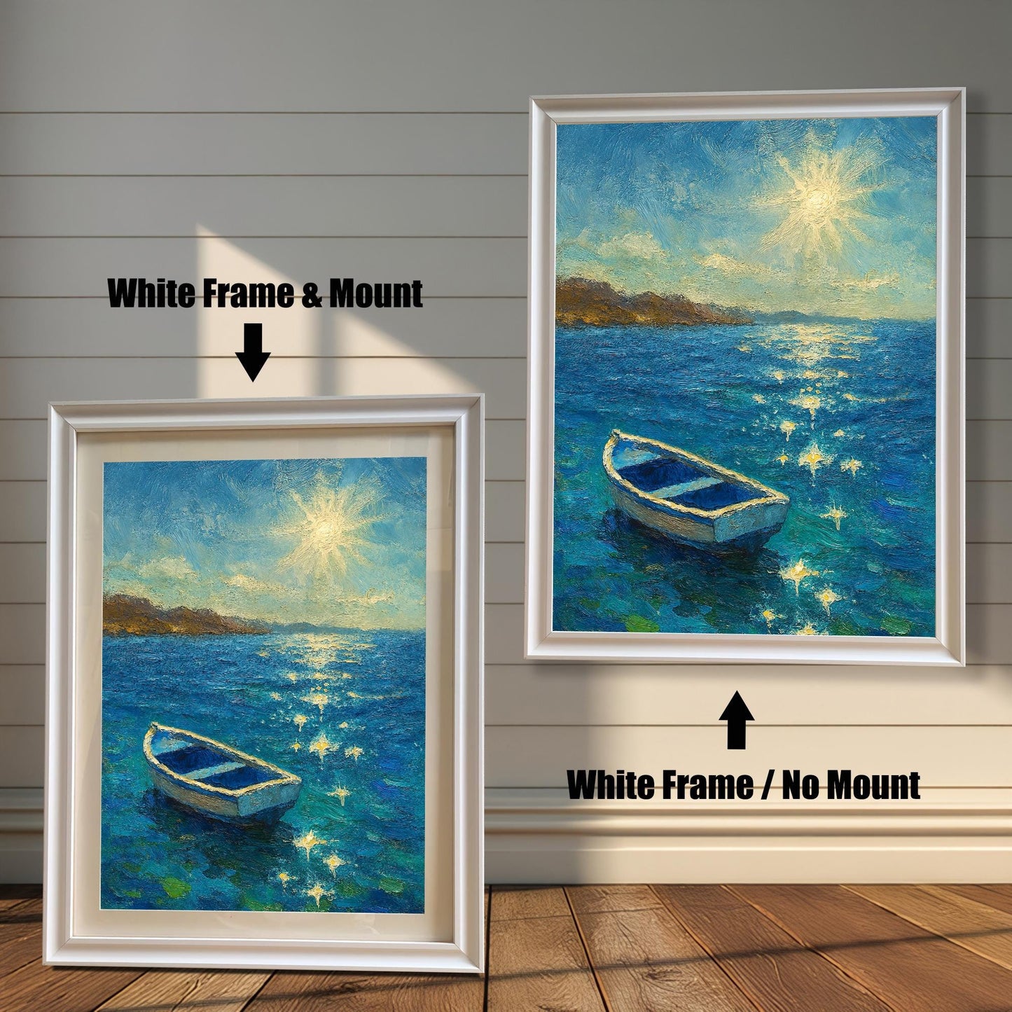 A split image of the boat painting. The left side shows the artwork with a White Frame & Mount (matting), and the right shows it with a White Frame / No Mount.