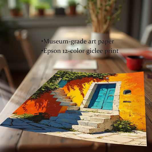 Close-up of the art print resting on a wooden table, emphasizing the texture of the painting and the product quality features: Museum-grade art paper and Epson 12-color giclee print.