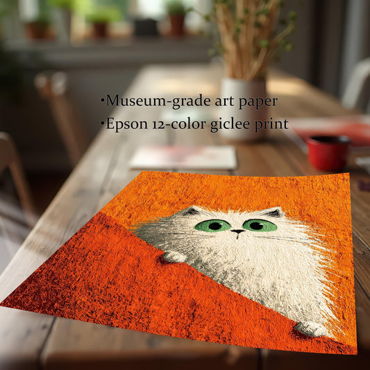 Close-up view of the cat print on a wooden table, emphasizing the print quality. Text notes Museum-grade art paper and Epson 12-color giclee print.