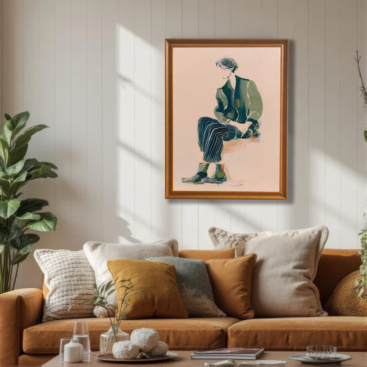 Lifestyle photo of the art print in an Orange wood frame hanging above a rust-colored couch with various cushions in a bright, modern living room.