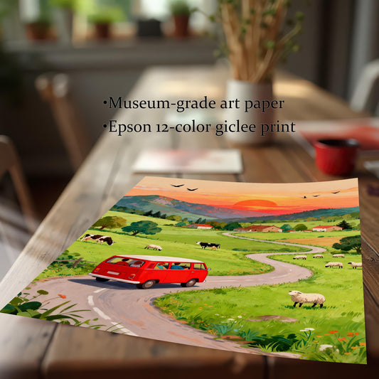 A close-up image of the unframed print featuring the red van countryside scene on a wooden table, with text highlighting the quality: Museum-grade art paper and Epson 12-color giclee print.