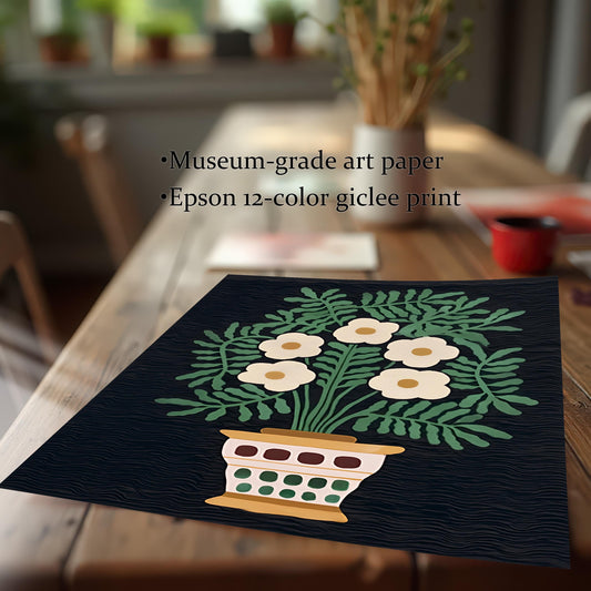 A close-up of the unframed folk art print on a wooden table, featuring an abstract floral arrangement in a decorative pot on a black, textured background. Text highlights the quality: Museum-grade art paper and Epson 12-color giclee print.