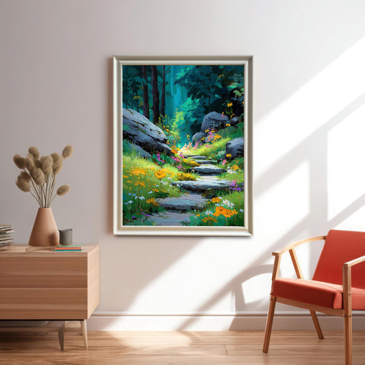 A framed art print of a bright forest path made of stone steps, surrounded by green grass and yellow and purple wildflowers. The print hangs in a light-colored frame above a wooden side table and next to a modern chair.
