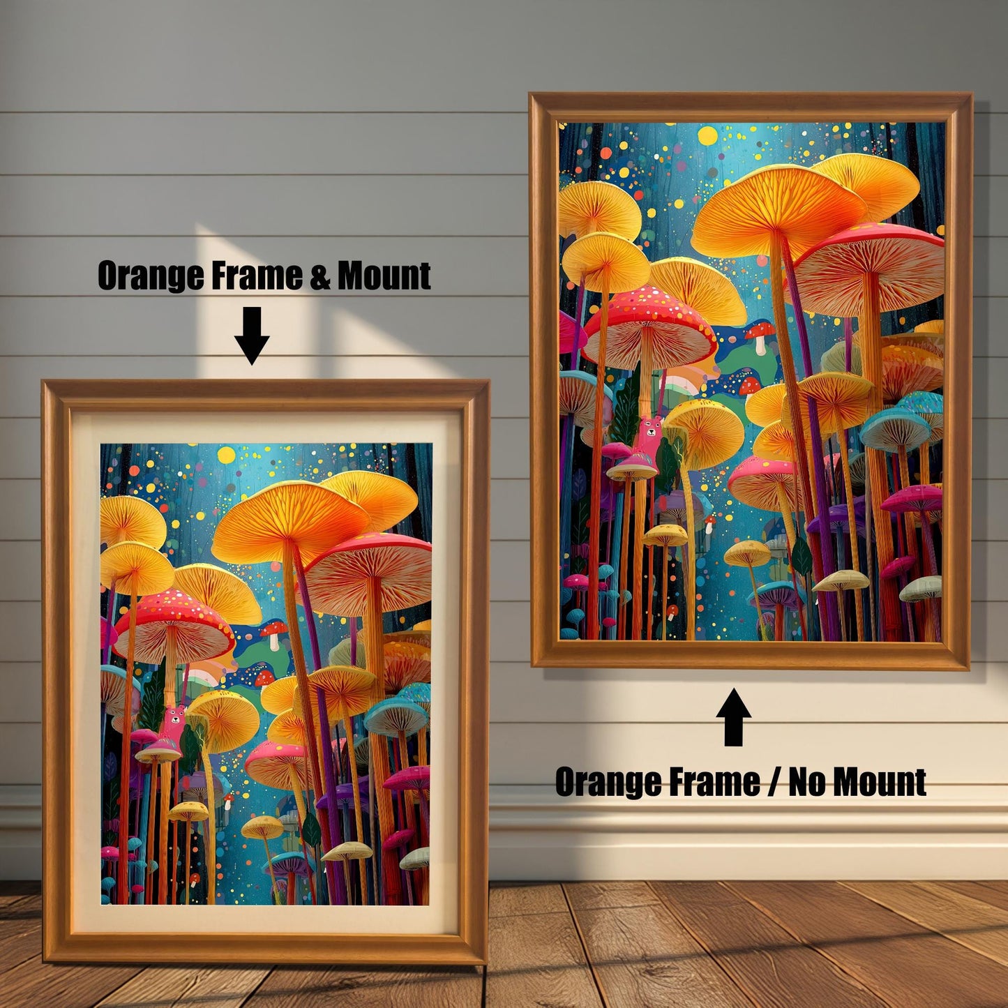 Comparison of the vibrant mushroom art print in an orange-colored wood frame. One image shows the print with a mount/mat for an elegant look ('Orange Frame & Mount'), and the other shows it without a mount ('Orange Frame / No Mount').