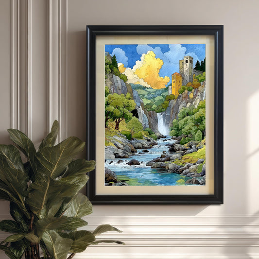 Vibrant landscape art print featuring a waterfall, river, and yellow castle tower framed in a Black Wood Frame with a mat/mount. The print hangs above white wainscoting next to a large green houseplant in a sunlit room.