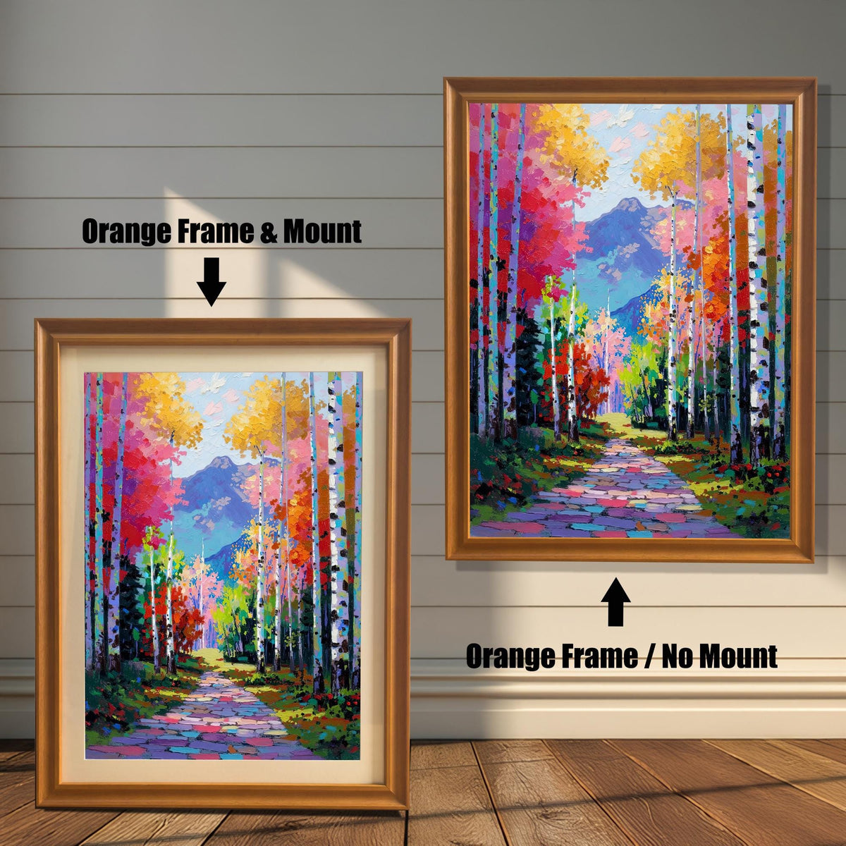 Bright Palette Knife Aspen Forest print with a path and mountains, framed in a vibrant Orange Wood Frame. Two versions shown: one with a mat/mount and one without, set against a white wood wall.