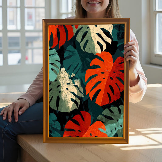 A lifestyle image of a young person sitting on a wooden bench and holding the framed Monstera leaf artwork with an Orange wood frame near a large window, showing the art scale and vibrant colors in natural light.