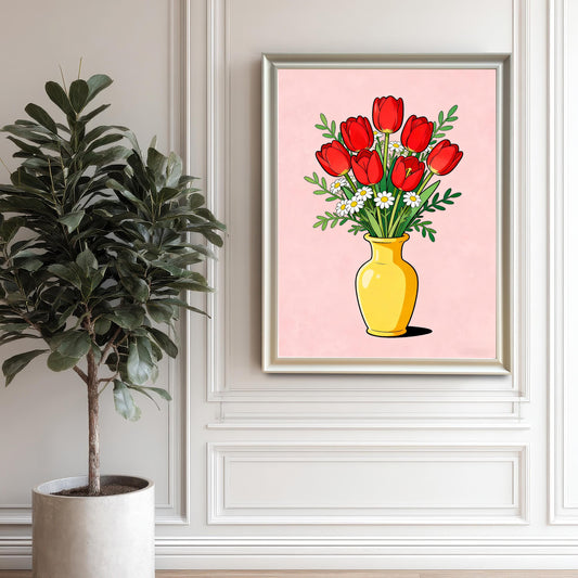 A large framed art print featuring a stylized bouquet of red tulips and white daisies in a yellow vase on a pink background, displayed on a classic white wainscoted wall. The print is set in a silver-colored frame (or very light, narrow white frame) and is placed next to a tall potted fiddle-leaf fig plant.