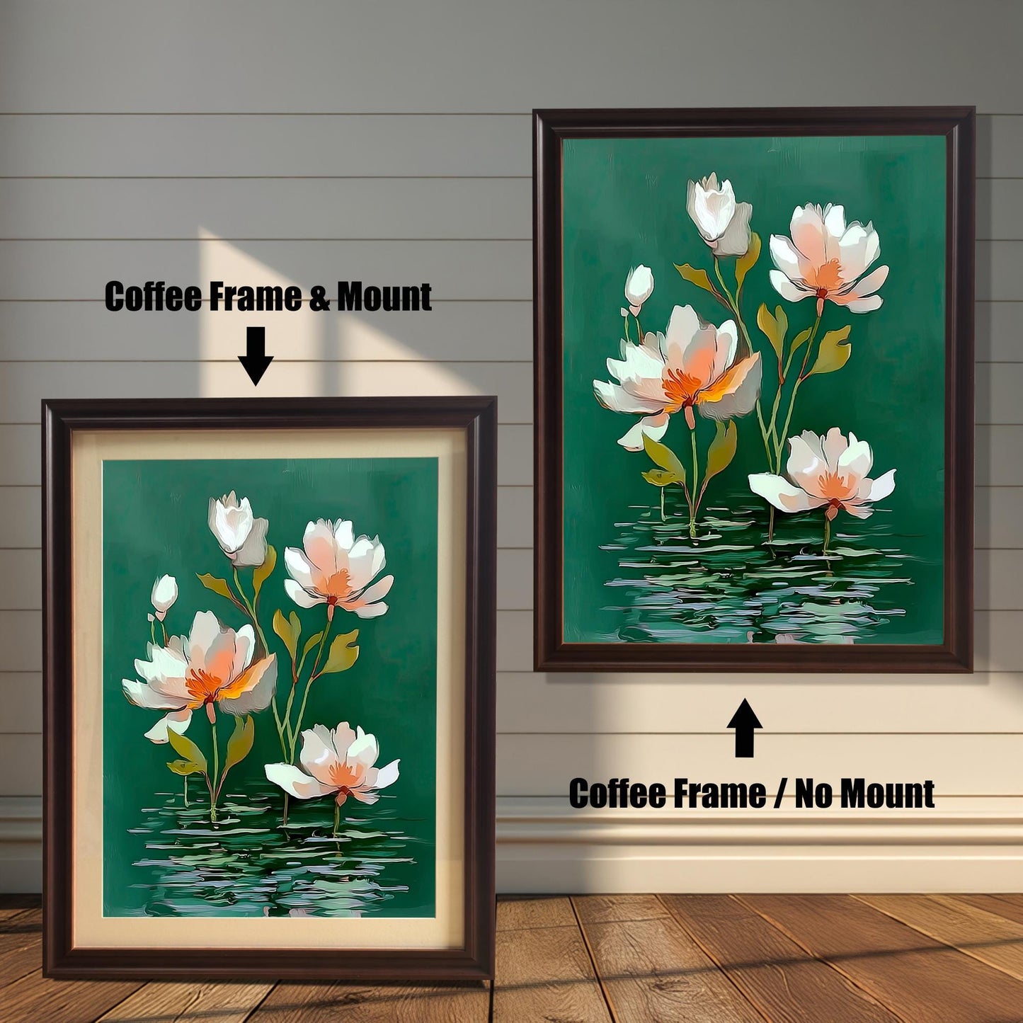 Abstract watercolor-style painting of white and pale orange water lilies on a dark green background. The image shows two framed options: one on the left with a Coffee Frame & Mount (matting), and one on the right with a Coffee Frame / No Mount. Both are displayed against a white wood-paneled wall and a wooden floor.