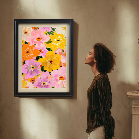 Lifestyle photo showing a woman with curly hair, wearing a striped shirt, looking up at the vibrant floral art print hanging on a textured, light brown wall. The print is framed in black with a white mat (mount).