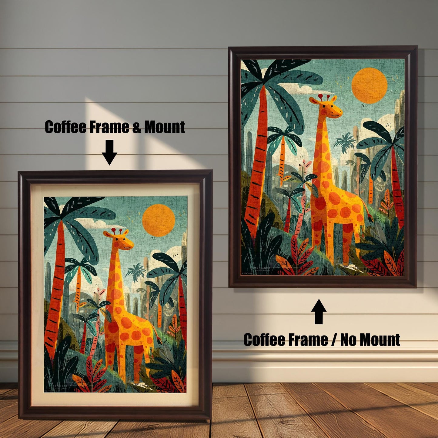 A split image showing the giraffe print. On the left, the print is displayed in a Coffee Frame & Mount (a dark brown frame with a light border around the print). On the right, the print is shown in a Coffee Frame / No Mount.