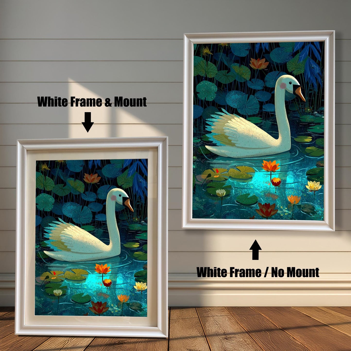 A framed art print of a white swan swimming in a lily pond. The image is shown in two framing options: one on the right with a White Frame / No Mount (the print fills the whole frame), and one on the left with a White Frame & Mount (the print is surrounded by a white border or mat).