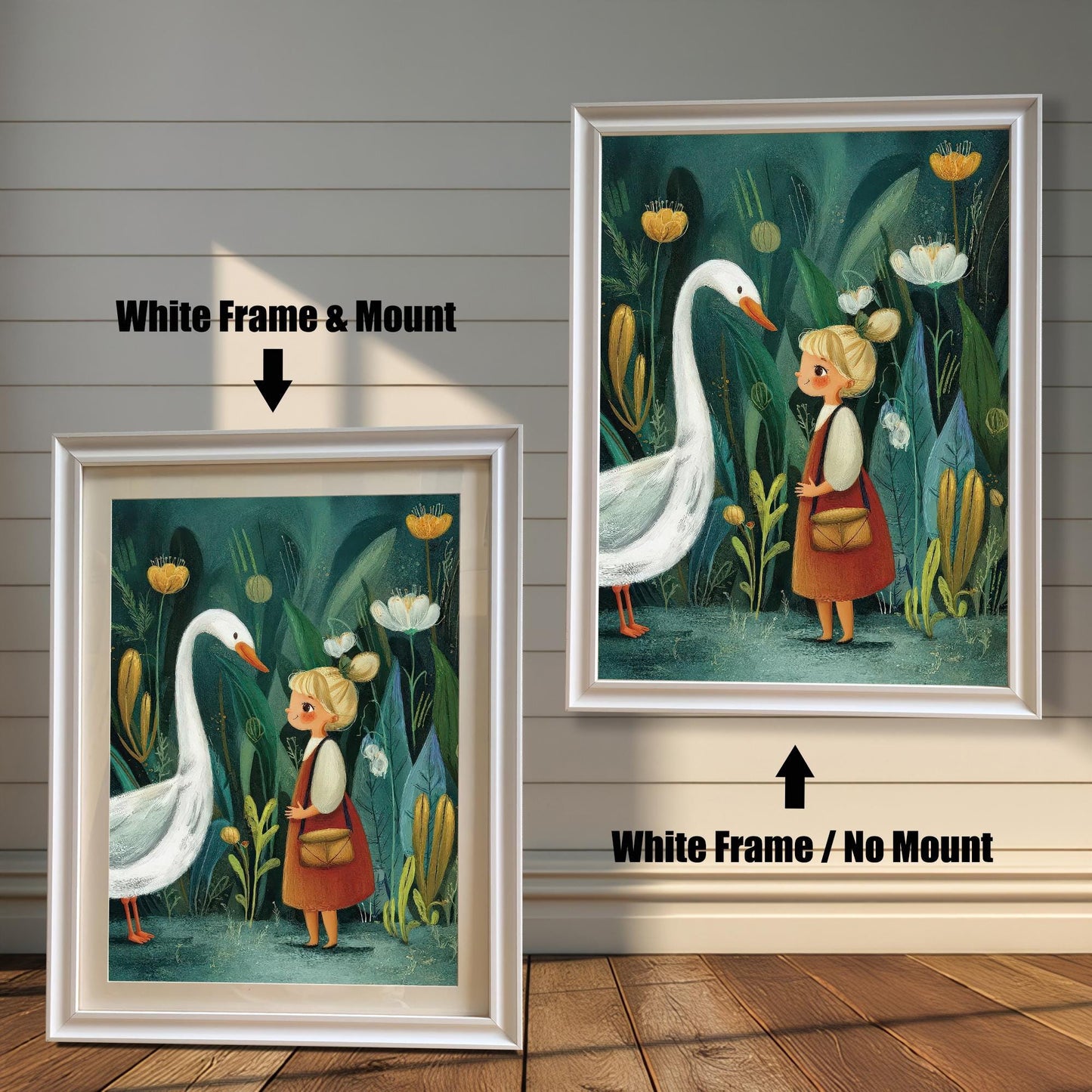 A framed art print of the girl and goose illustration, shown in two options with a White Frame: one on the right with No Mount, and one on the left with a Mount (a white mat).