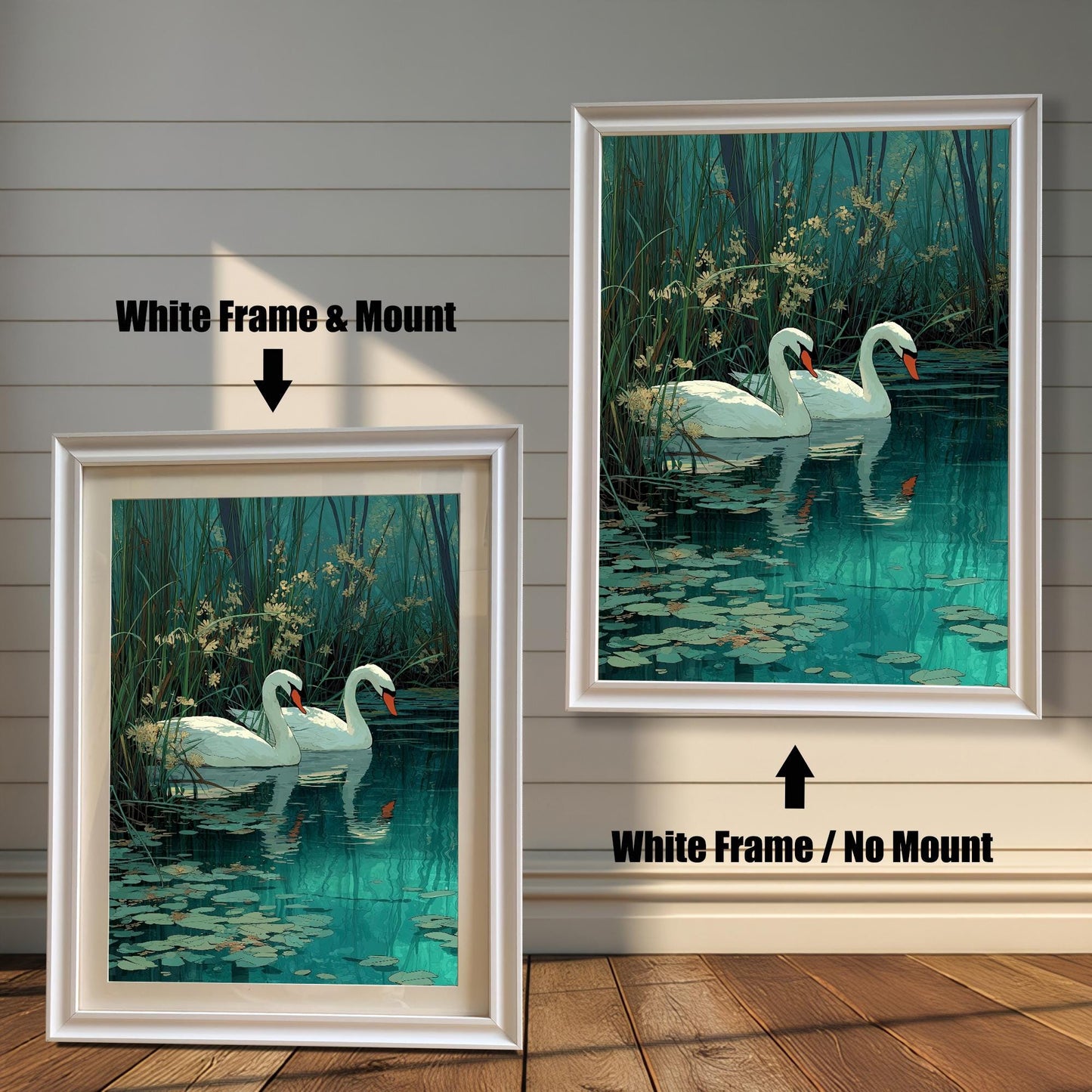 Two framed swan prints on a white wood wall. One shows a White Frame & Mount (matting), and the other a White Frame / No Mount. Arrows highlight the difference.