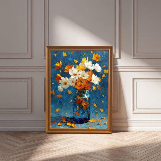 Framed floral painting in an Orange (gold) frame. The frame leans against a white wainscoted wall on a wood floor, illuminated by a strong diagonal beam of sunlight.