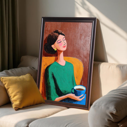 Framed artwork of a woman with a cup, in a Coffee (dark brown) frame (no mount). It leans against a white sofa with cream and yellow pillows, illuminated by sunlight.