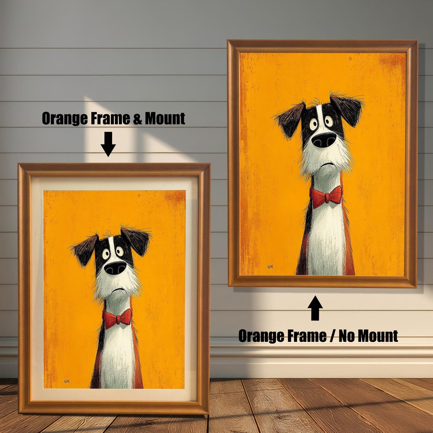 Two options for the framed art: one in an orange/gold frame with a mount, and one in an orange/gold frame without a mount.