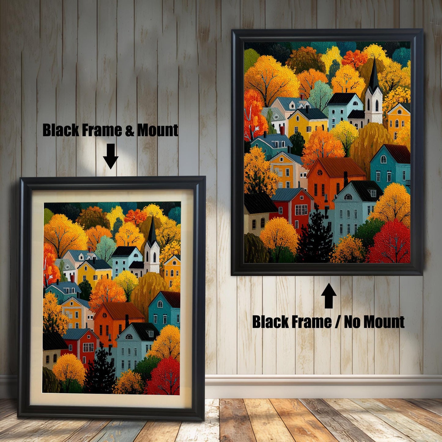 Two options for the framed art: one in a black frame with a mount, and one in a black frame without a mount.