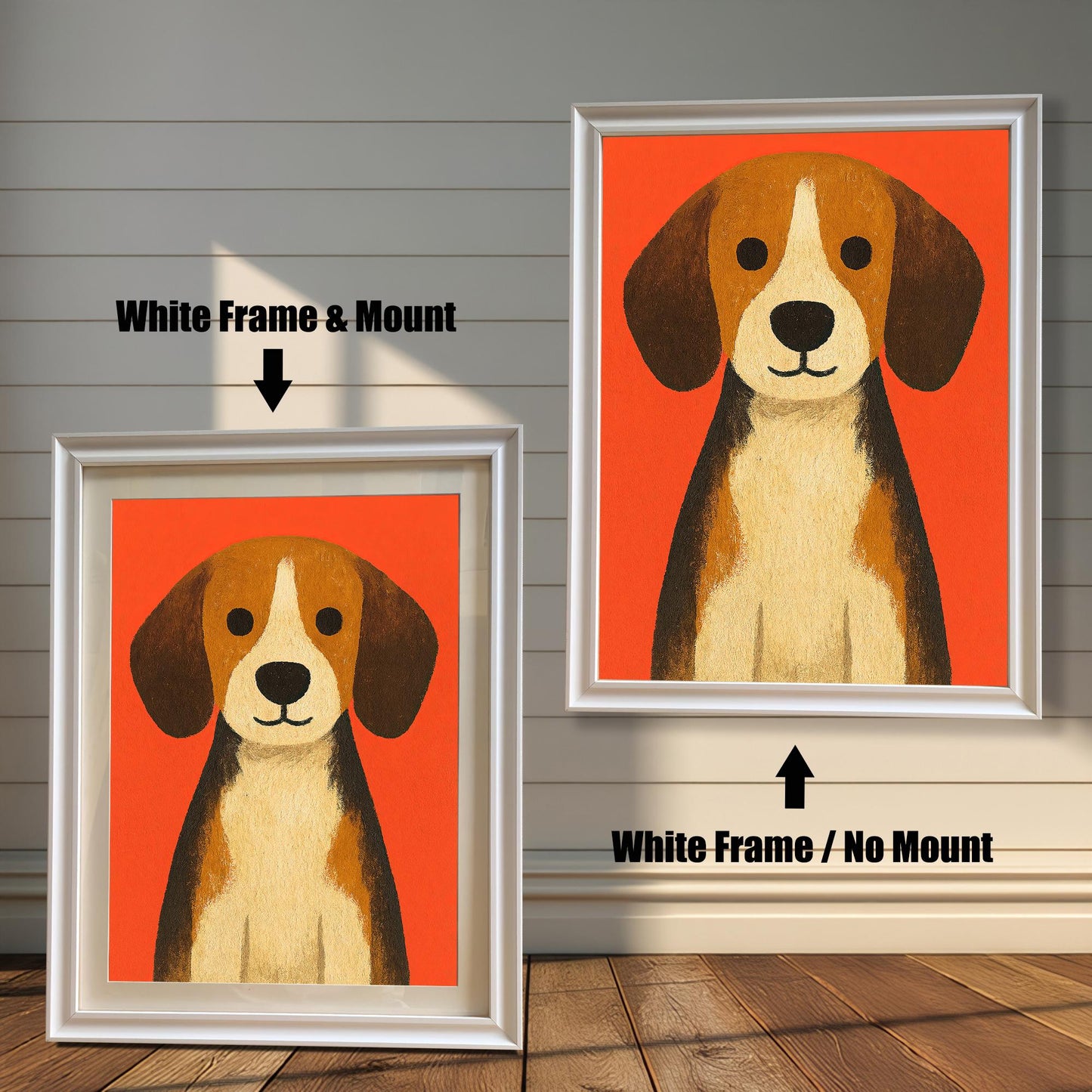 Beagle dog art print on an orange background shown in two White frames. The left image is framed with a white mat/mount, and the right image is framed without a mat.