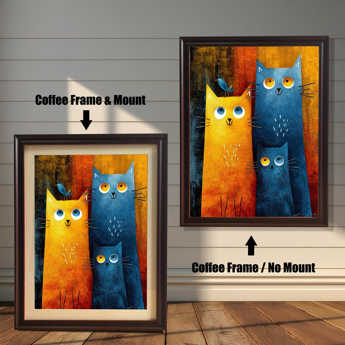 Comparison image showing two framed prints of the cat art against a white wooden-paneled wall. The left print has a Coffee-colored (dark brown) frame and a cream-colored mount (matting), labeled "Coffee Frame & Mount." The right print has a Coffee frame with no mount, labeled "Coffee Frame / No Mount."