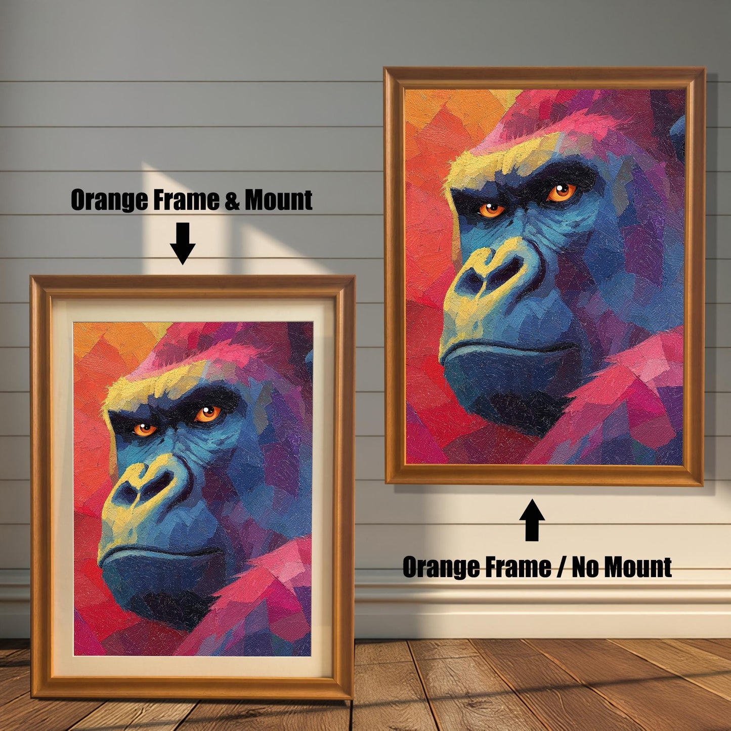 Comparison image showing two framed prints of the gorilla art against a white wooden-paneled wall. The left print has an orange frame and a white mount (matting). The right print has an orange frame with no mount. Arrows point to and label each option.