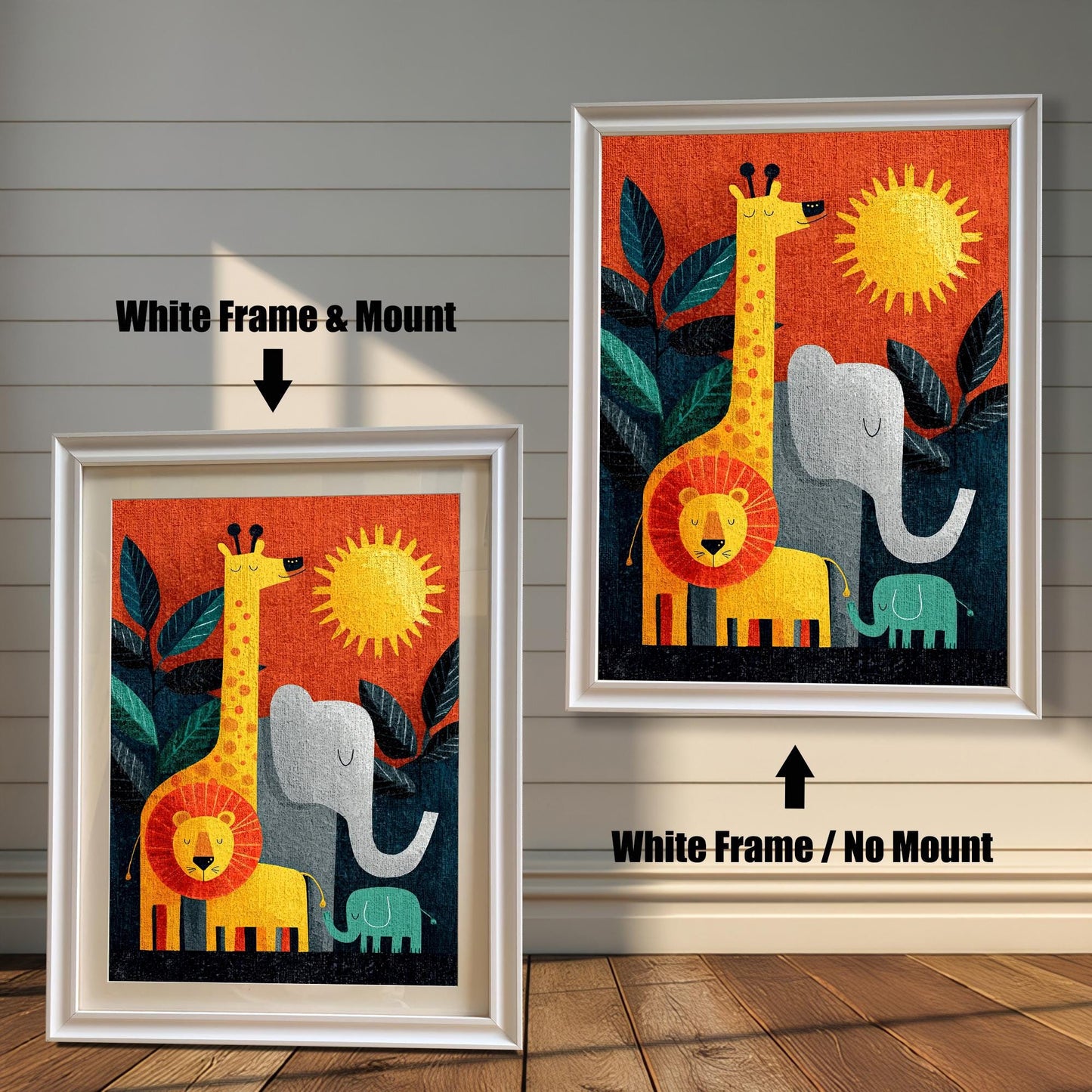 Comparison image of the jungle animal art print in a White Frame. The left shows "White Frame & Mount" (with matting), and the right shows "White Frame / No Mount" (full-bleed art).