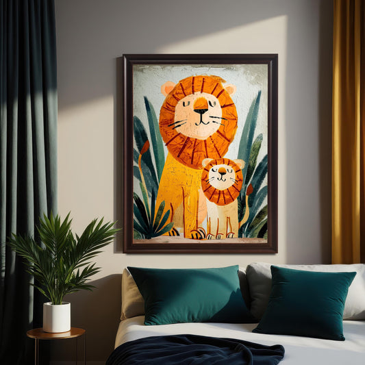 The framed art print of the lion and cub is hanging above a bed with dark teal and gray pillows. The artwork is set in a dark brown (coffee or black) frame. The room has neutral-toned walls, and dark teal and yellow curtains flank the image. A small potted plant sits on a side table to the left.