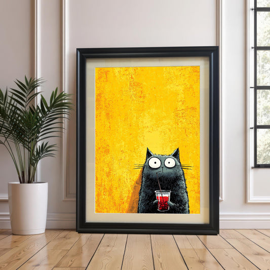 The black cat print is displayed in a large, thick black frame with a light mat (mount), leaning against a white wainscoted wall next to a potted houseplant.