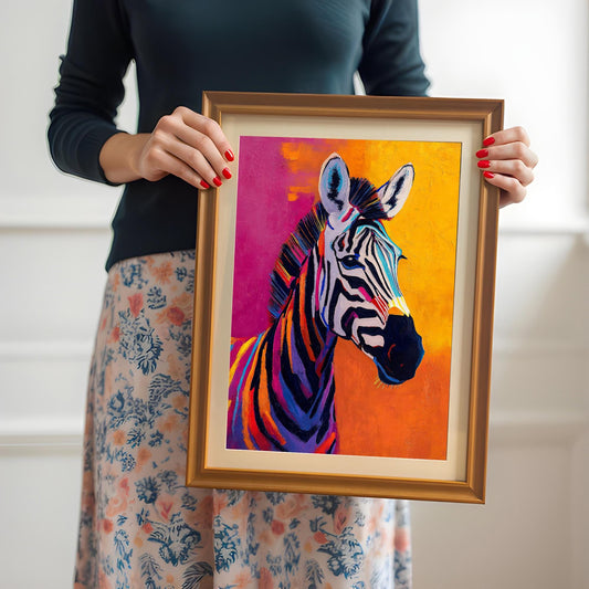 A person holding the framed colorful zebra print (in an orange frame with a mount). The person is wearing a dark top and a floral skirt.