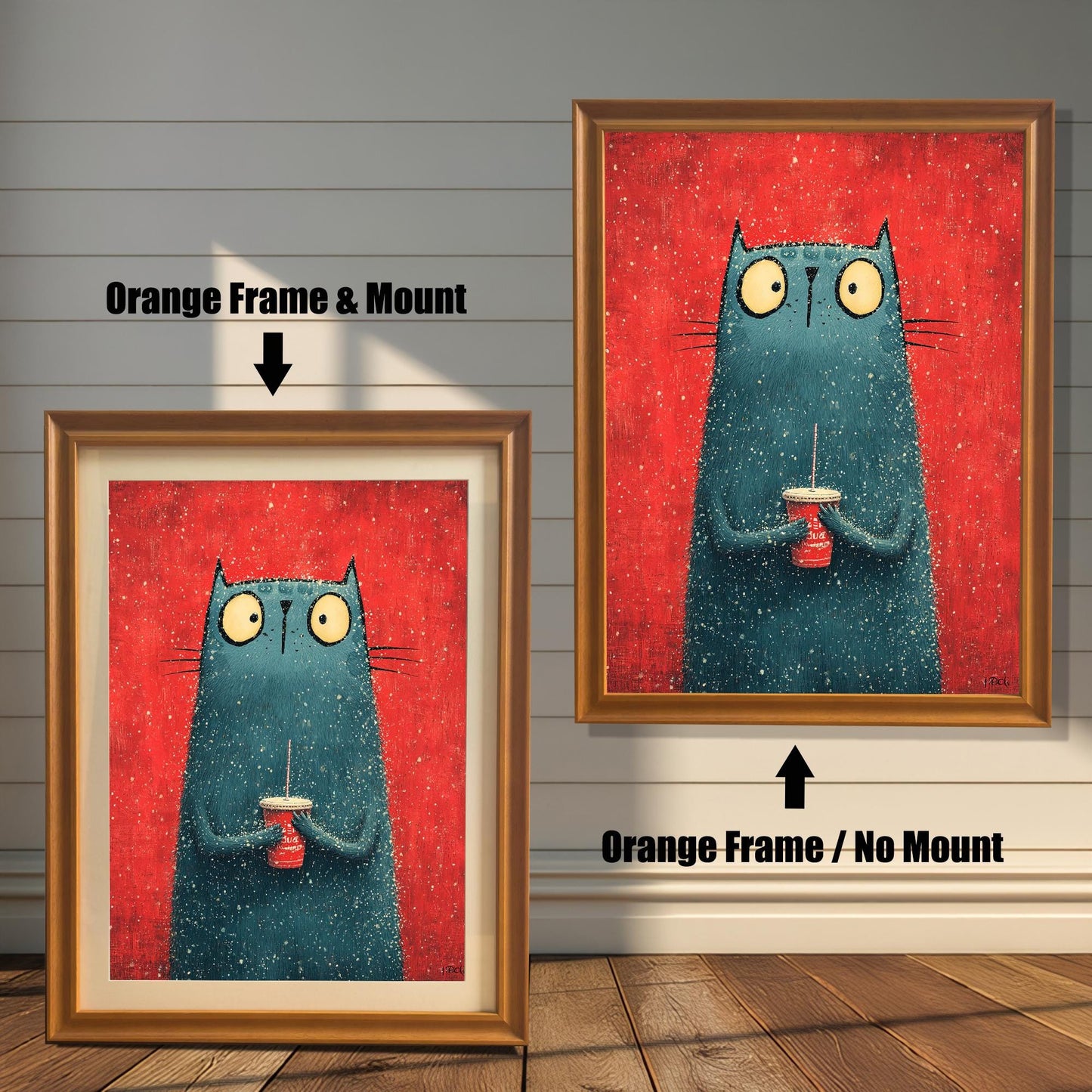 A split image showing the cat print. On the left, the print is displayed in an Orange Frame & Mount (with a light border around the print). On the right, the print is shown in an Orange Frame / No Mount.