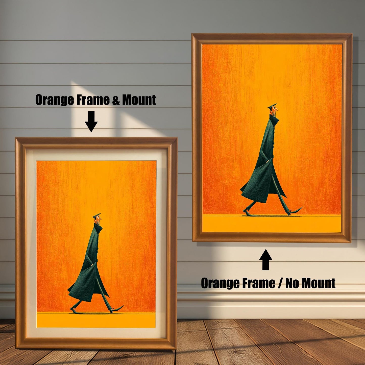 Abstract art print of a figure in a dark coat against an orange background, shown in an Orange Frame with a Mount (white border) on the left and an Orange Frame with No Mount on the right.