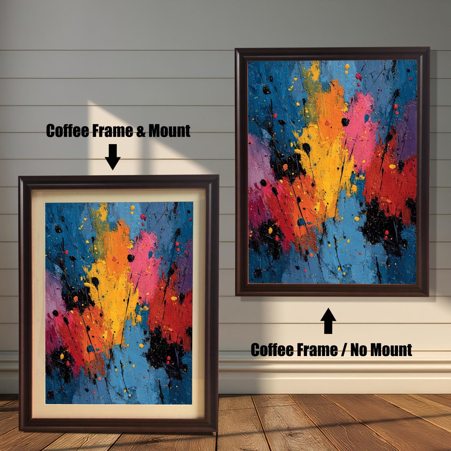 Comparison image showing the abstract splatter art print framed in Coffee (dark brown) wood. The left image shows the art with a Coffee Frame & Mount (matting); the right image shows the art with a Coffee Frame / No Mount.