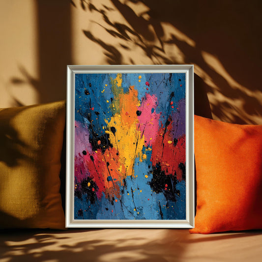 Close-up of the abstract splatter art print in a White frame, resting against two mustard yellow and orange pillows with dramatic shadows cast over the art.