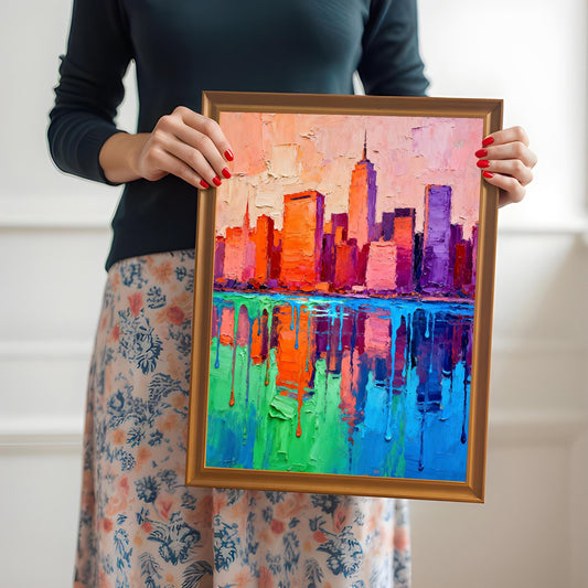 A woman with red nails and wearing a floral skirt holds up a gold-framed, colorful cityscape painting with thick paint texture and dripping reflections.
