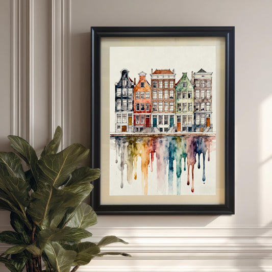 Watercolor print of colorful canal houses with a dripping rainbow reflection, framed in a black frame and hanging on a neutral paneled wall next to a large potted plant.