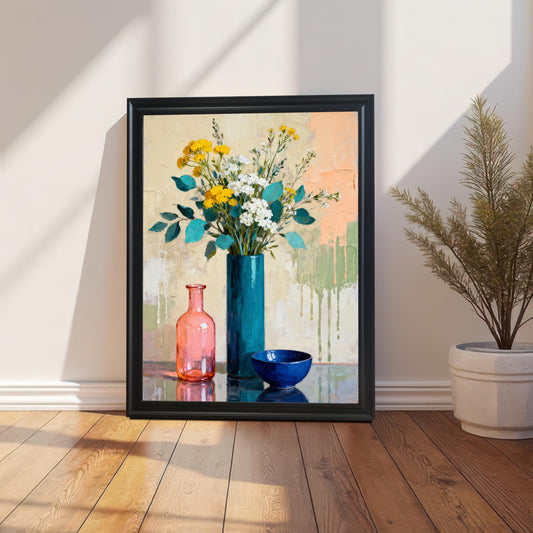 Single framed art print in a Black wood frame leaning against a white wall with sunlit shadows, featuring a still life of flowers in a blue vase.