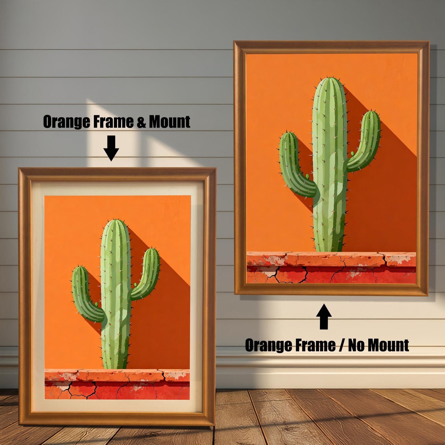 Comparison of an Orange-framed cactus print with a light mount (mat) and the same Orange-framed print without a mount (full print visible).